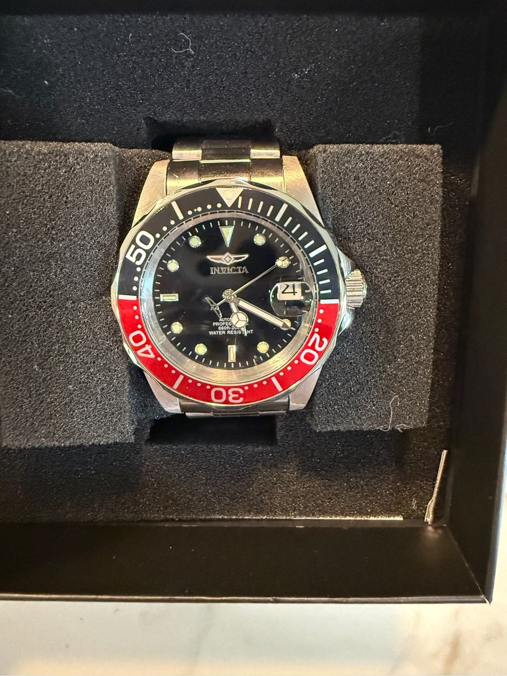 Invicta Men's Silver Watch with Black Dial and Red/Black Bezel